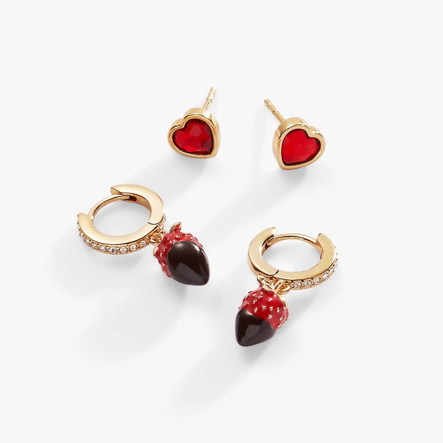 Chocolate-Covered Strawberry Earrings set of 2, rose-gold tone with red heart-shaped stones on Tampa Home & Garden Store