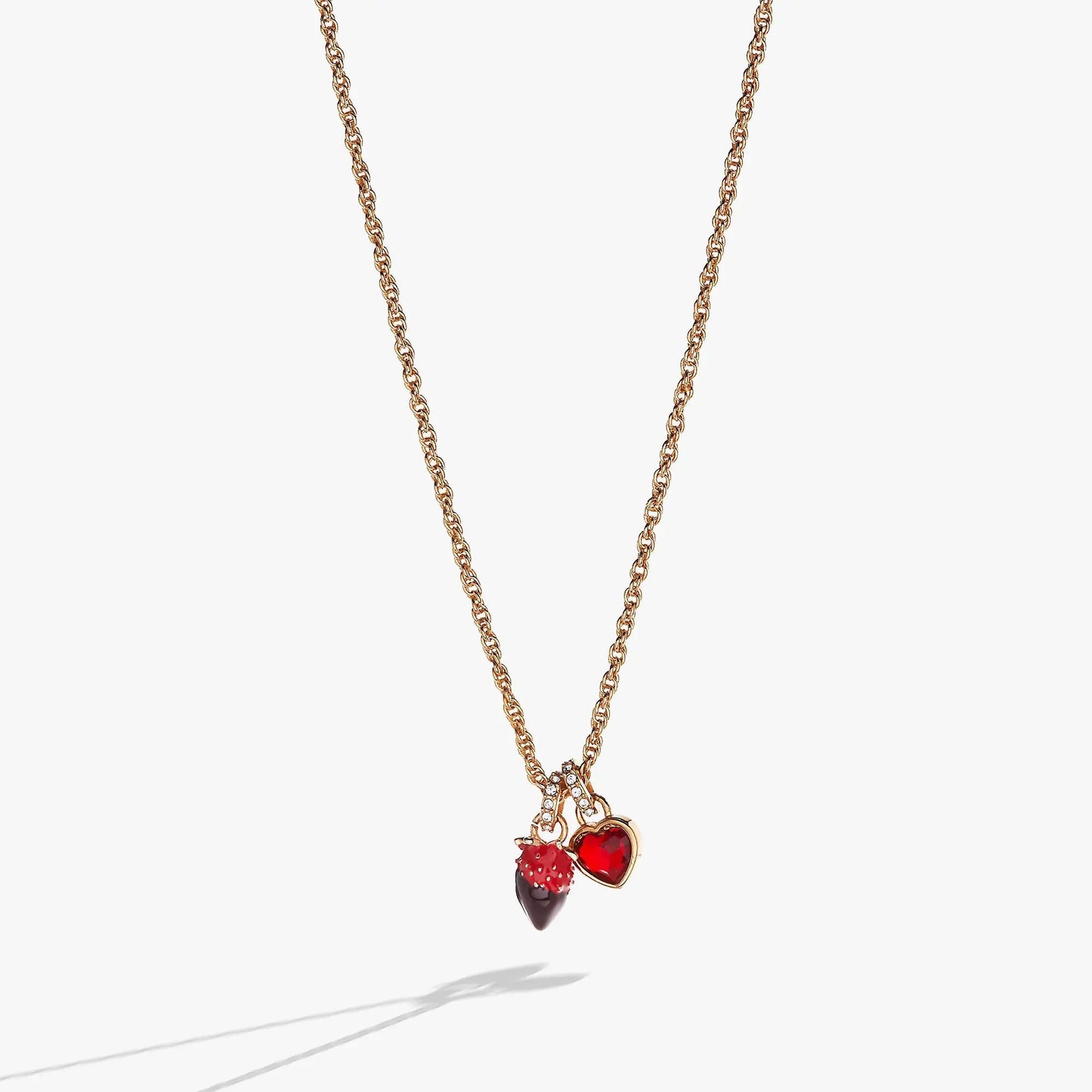 Gold-tone rope chain necklace with Chocolate-Covered Strawberry Duo charms red heart and berry on Tampa Home & Garden Store
