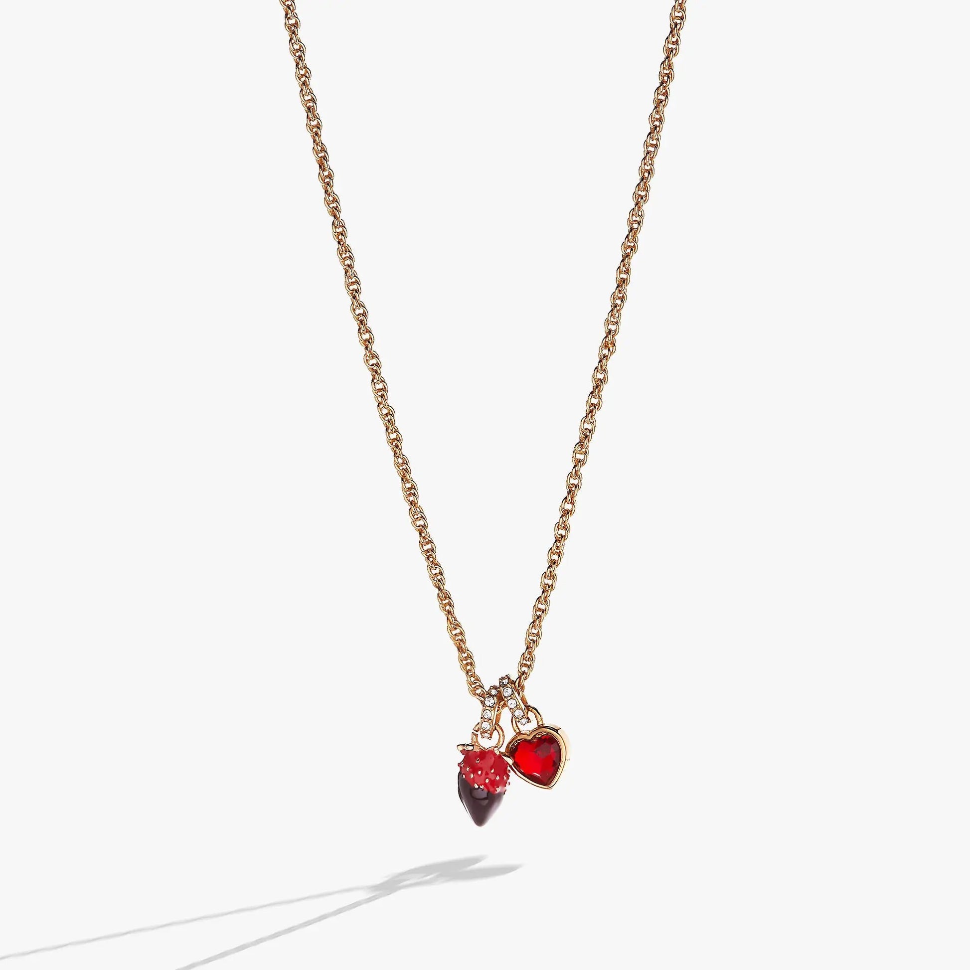 Gold-tone rope chain necklace with Chocolate-Covered Strawberry Duo charms red heart and berry on Tampa Home & Garden Store