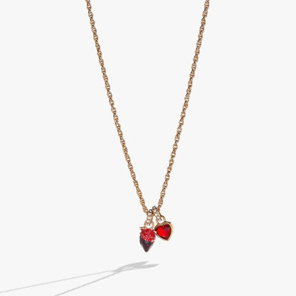 Gold-tone rope chain necklace with Chocolate-Covered Strawberry Duo charms red heart and berry on Tampa Home & Garden Store