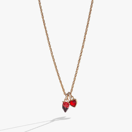 Gold-tone rope chain necklace with Chocolate-Covered Strawberry Duo charms red heart and berry on Tampa Home & Garden Store