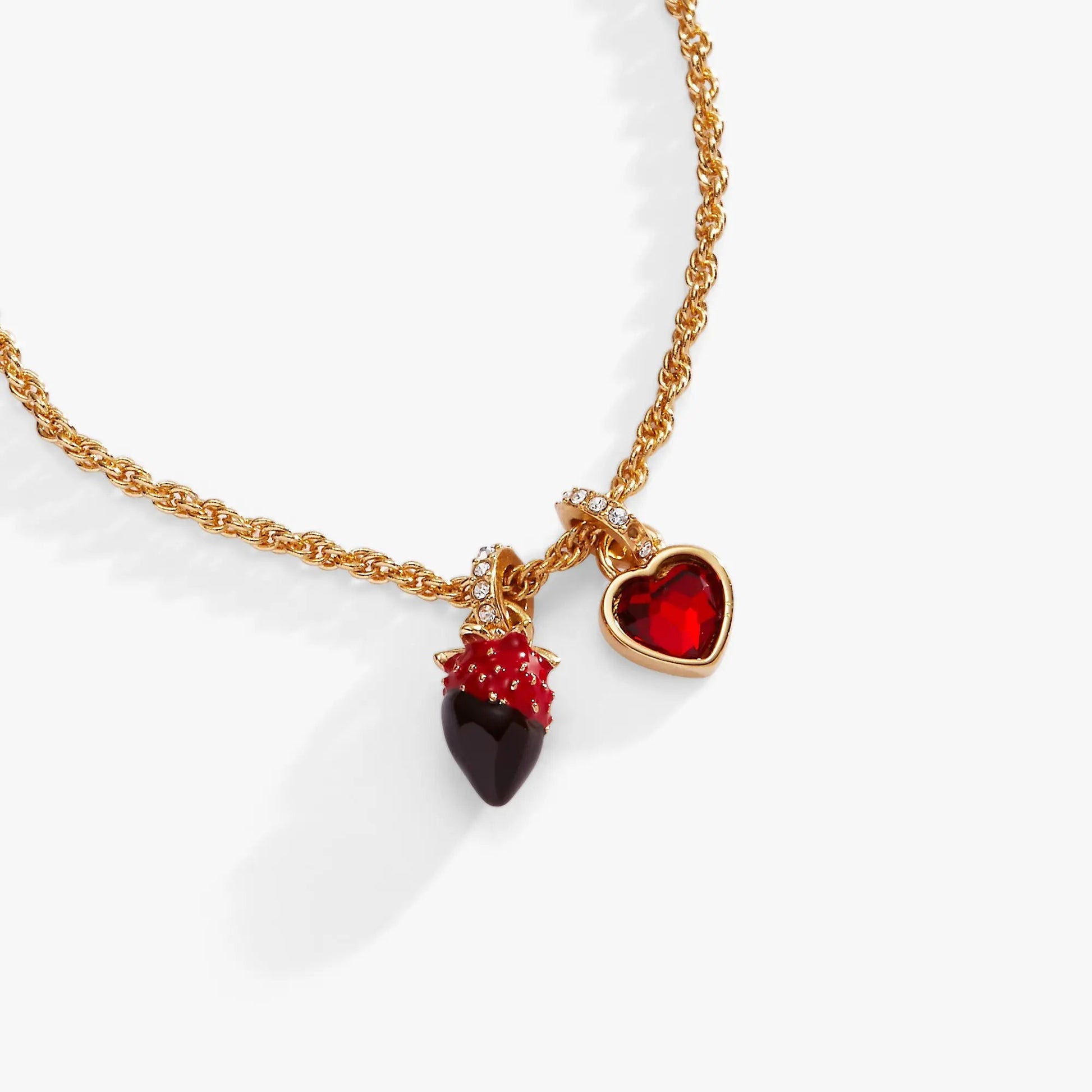 Chocolate-Covered Strawberry Duo Charm Necklace with gold-tone chain and red heart and strawberry on Tampa Home & Garden Store