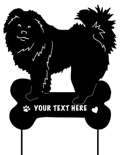 Chow Chow dog garden stake silhouette in black with bone-shaped base and customizable text on Tampa Home & Garden Store