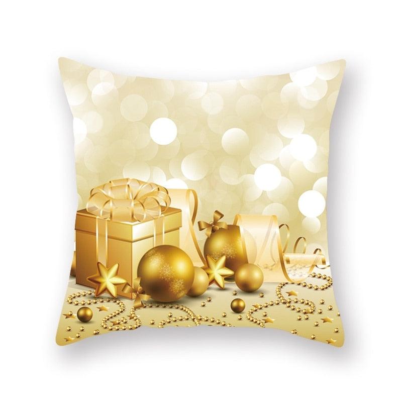 Christmas Snowflake Santa Throw Pillowcase, gold gifts and ornaments on a bokeh background on Tampa Home & Garden Store