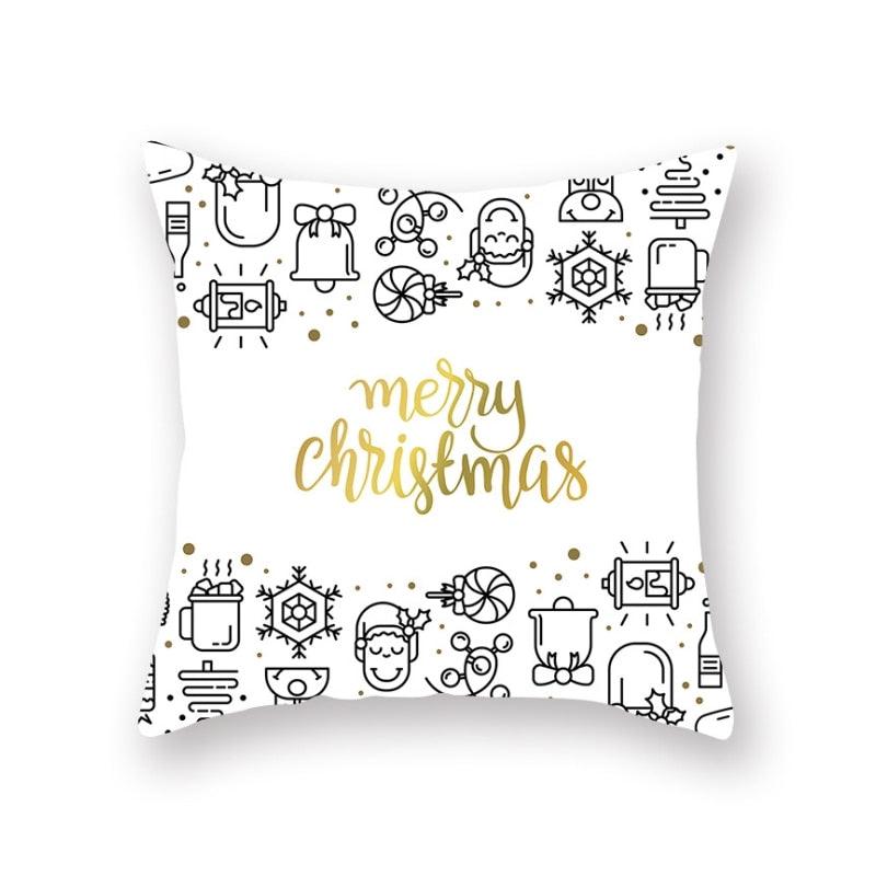 Christmas Snowflake Santa Throw Pillowcase white with gold Merry Christmas and black line art Stevvex on Tampa Home & Garden Store