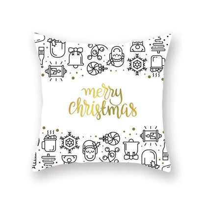 Christmas Snowflake Santa Throw Pillowcase white with gold Merry Christmas and black line art Stevvex on Tampa Home & Garden Store