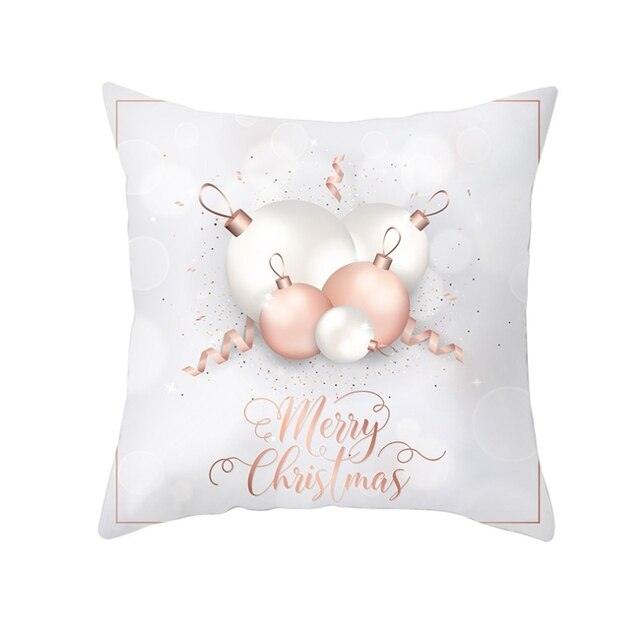 Christmas Snowflake Santa Throw Pillowcase by Stevvex, white with rose-gold ornament cluster on Tampa Home & Garden Store