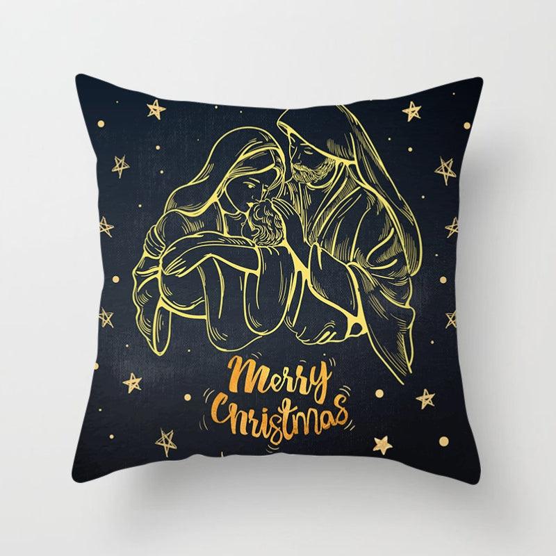 Stevvex Christmas Snowflake Santa Throw Pillowcase navy blue with gold line art nativity scene on Tampa Home & Garden Store