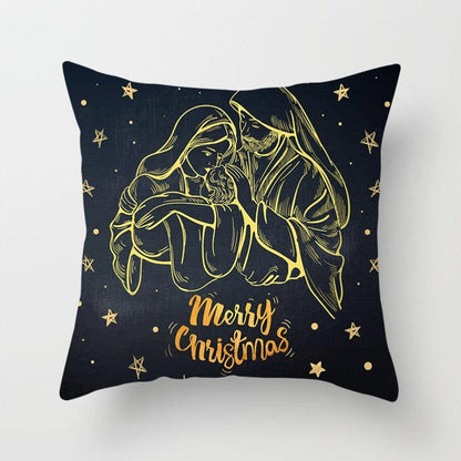 Stevvex Christmas Snowflake Santa Throw Pillowcase navy blue with gold line art nativity scene on Tampa Home & Garden Store