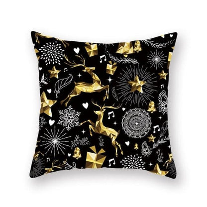 Stevvex Christmas Snowflake Santa Throw Pillowcase black background with gold geometric reindeer motif on Tampa Home & Garden Store