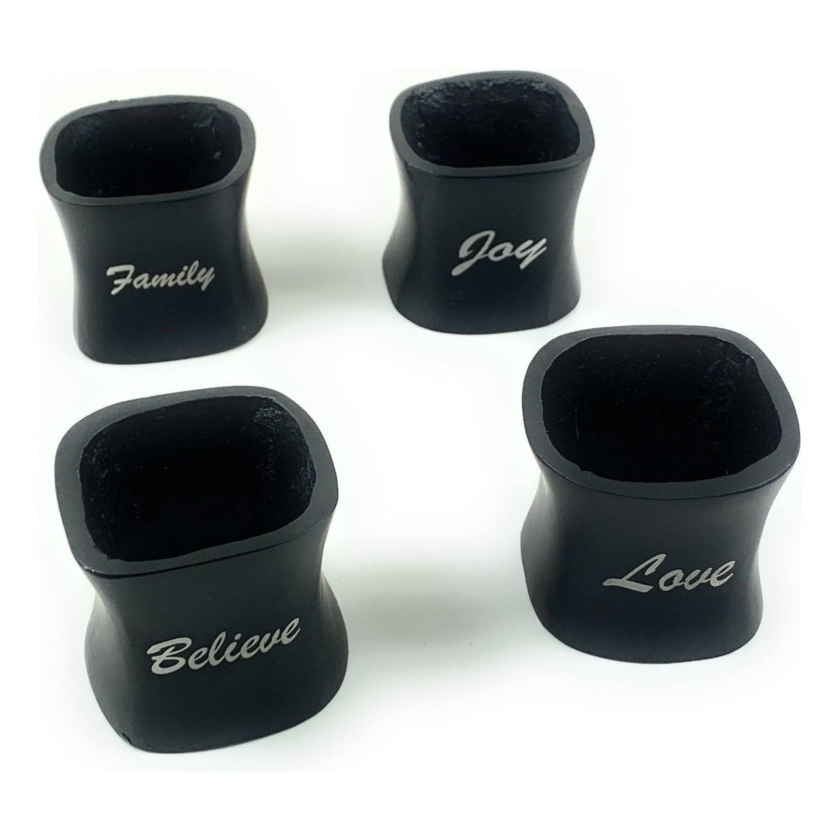 Vibhsa Christmas Napkin Rings set of 4 in black with white scripted words Family Joy Love Believe on Tampa Home & Garden Store
