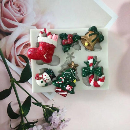Stevvex Christmas silicone mold set with 6 festive 3D fondant and chocolate decorations on Tampa Home & Garden Store