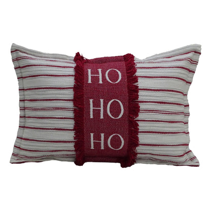 Christmas Throw Pillow HoHoHo 14x24 white with red stripe pattern and red fringe trim on Tampa Home & Garden Store