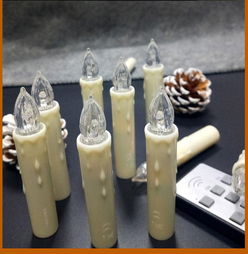 Eight ivory flameless LED taper candles with warm white light, battery-operated remote timer on Tampa Home & Garden Store