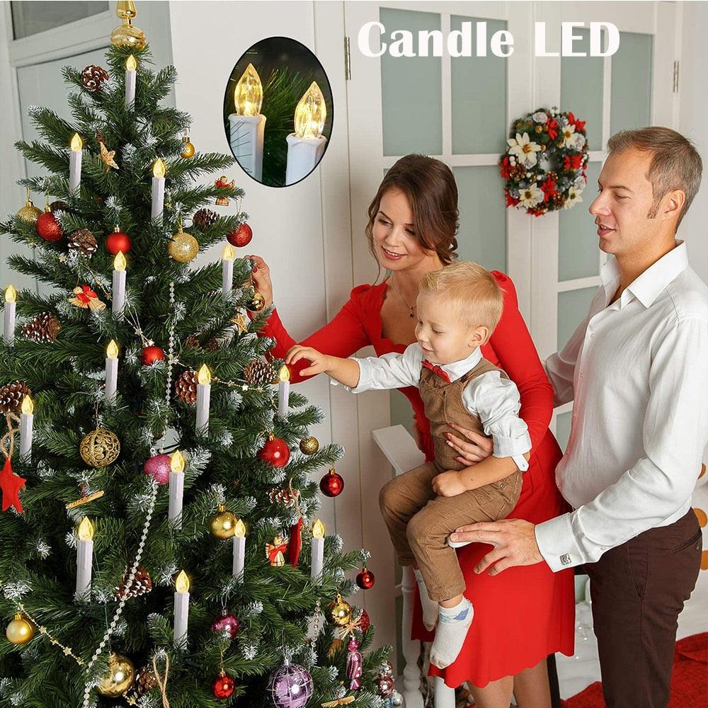 Stevvex flameless LED clip-on candles on Christmas tree; warm white ivory taper lights on Tampa Home & Garden Store