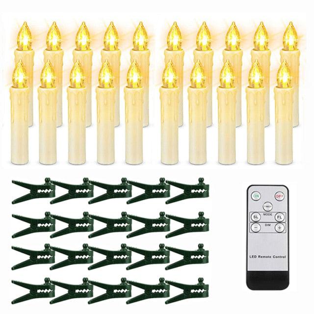 Ivory LED taper candles set with warm white light, remote control and tree clips on Tampa Home & Garden Store