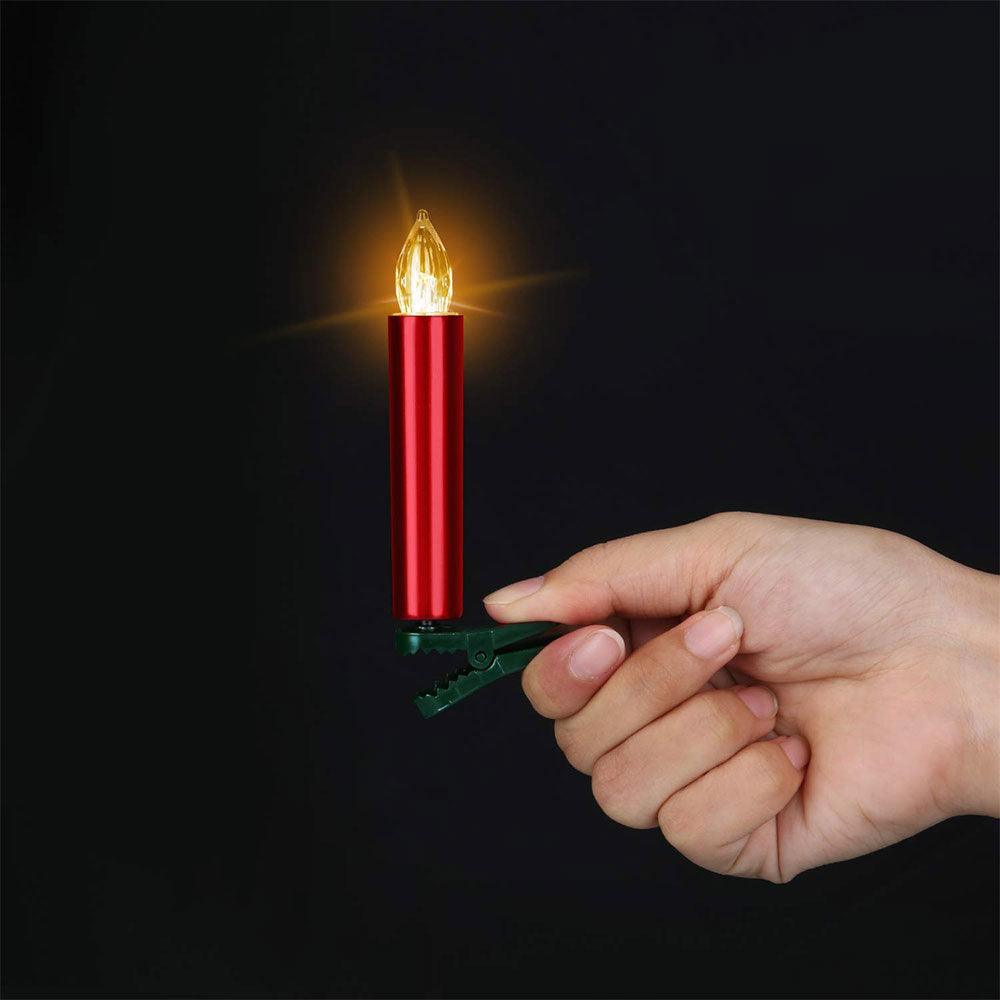 Stevvex flameless Christmas tree candle clip, red metal taper with warm LED flame, green clamp on Tampa Home & Garden Store