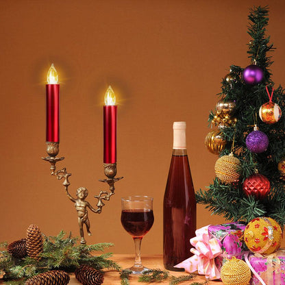 Flameless LED taper candles in red on brass candelabra with two candles and tree decor on Tampa Home & Garden Store