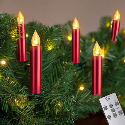 Red clip-on LED flameless candles on Christmas tree with warm flame and remote timer on Tampa Home & Garden Store