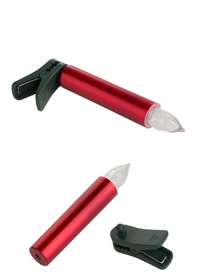 Red clip-on LED candle with green clamp for Christmas trees; flameless, battery powered light on Tampa Home & Garden Store