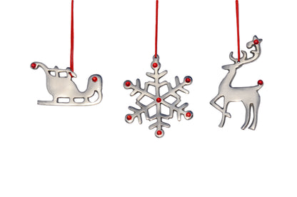 Vibhsa snowflake, reindeer & sleigh ornaments in silver with red rhinestones, 8 pieces on Tampa Home & Garden Store