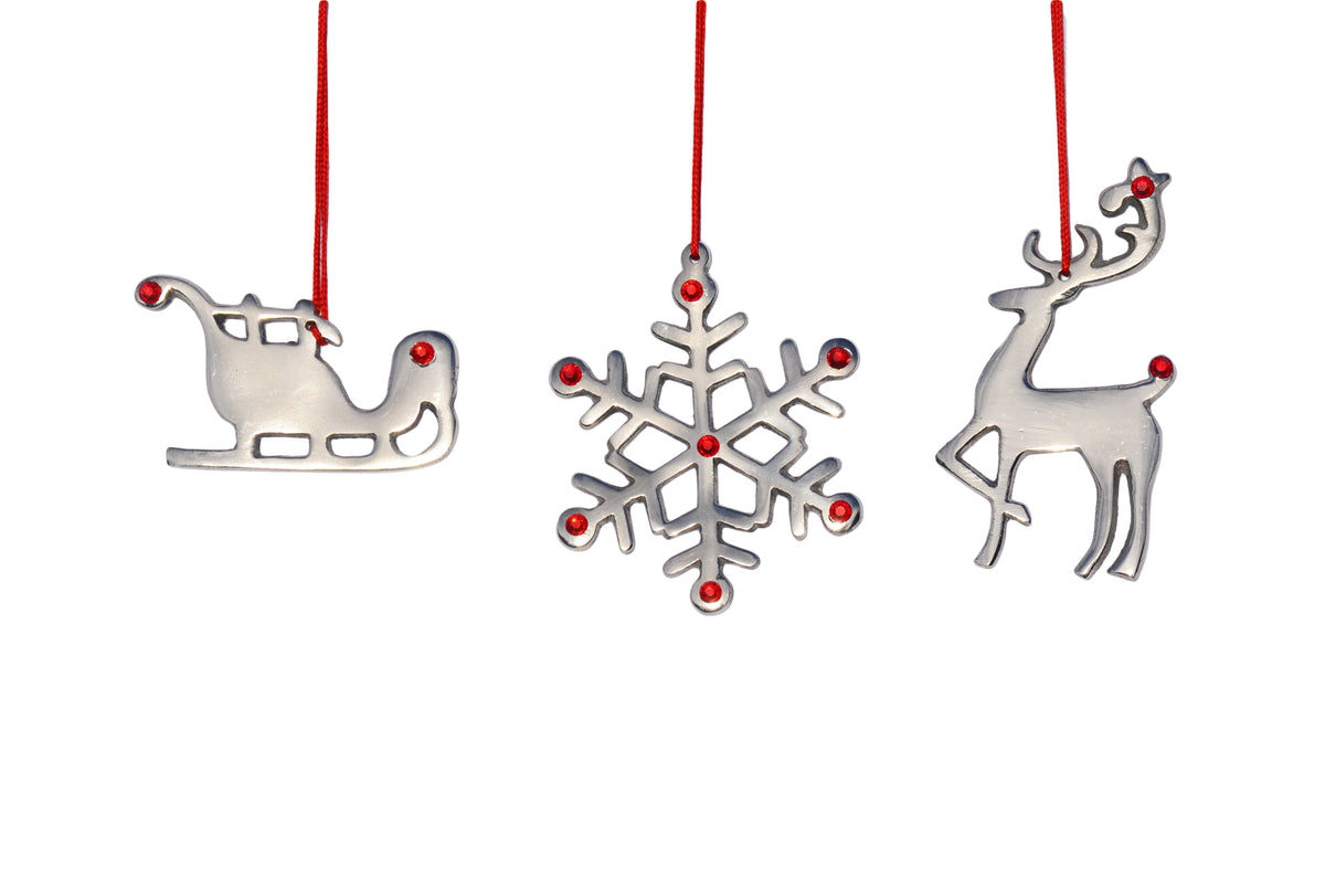 Vibhsa 4 metal silver holiday ornaments sleigh snowflake reindeer with red beads on red cords on Tampa Home & Garden Store