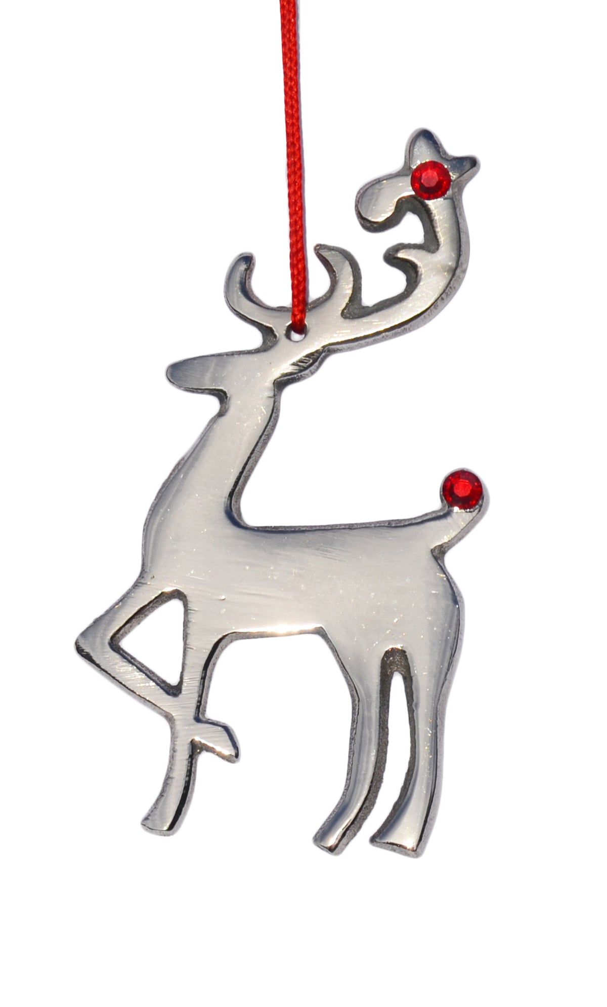 Vibhsa Reindeer Ornament, silver finish with red rhinestone eyes, red ribbon on Tampa Home & Garden Store