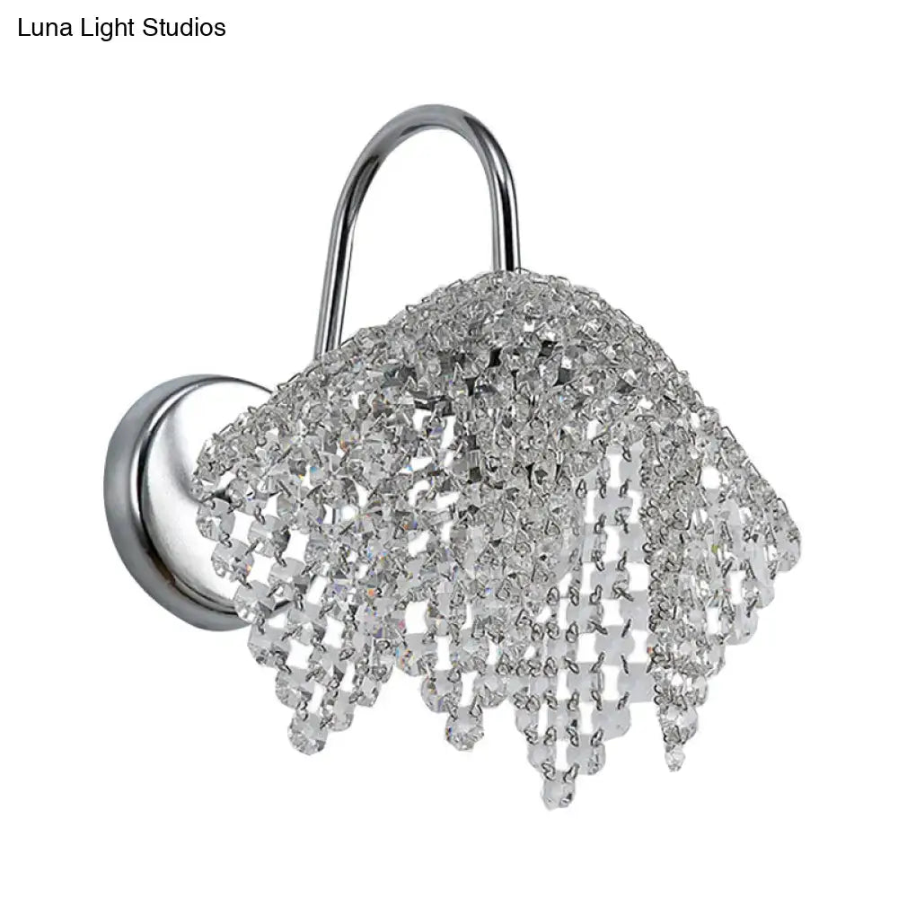 Chrome crystal bedroom glow wall sconce with cascading crystal bead shade by Decorbites on Tampa Home & Garden Store