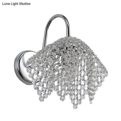 Chrome crystal bedroom glow wall sconce with cascading crystal bead shade by Decorbites on Tampa Home & Garden Store