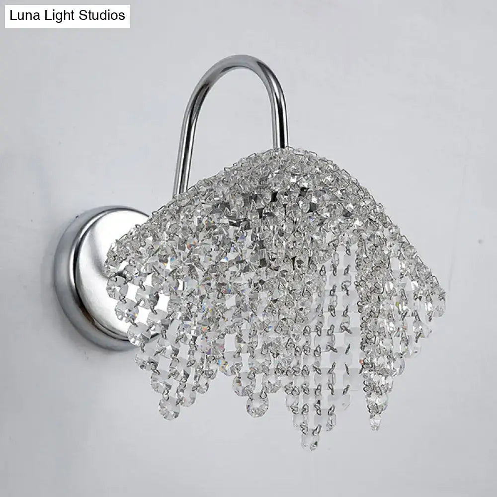 Chrome crystal bedroom glow wall sconce by Decorbites with cascading crystals on Tampa Home & Garden Store