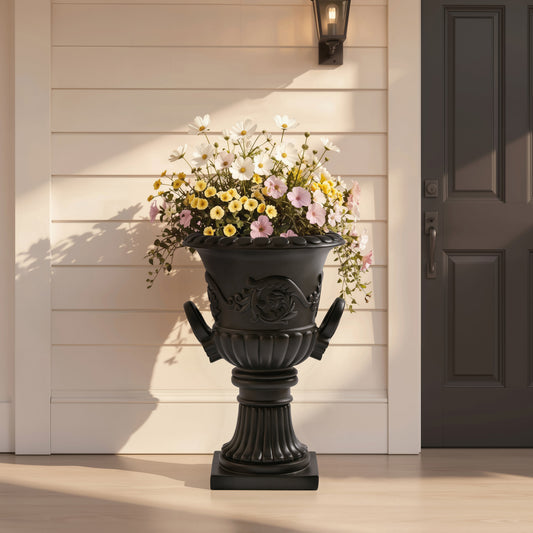 Black Classical Roman Pedestal Urn outdoor planter with embossed floral design on Tampa Home & Garden Store