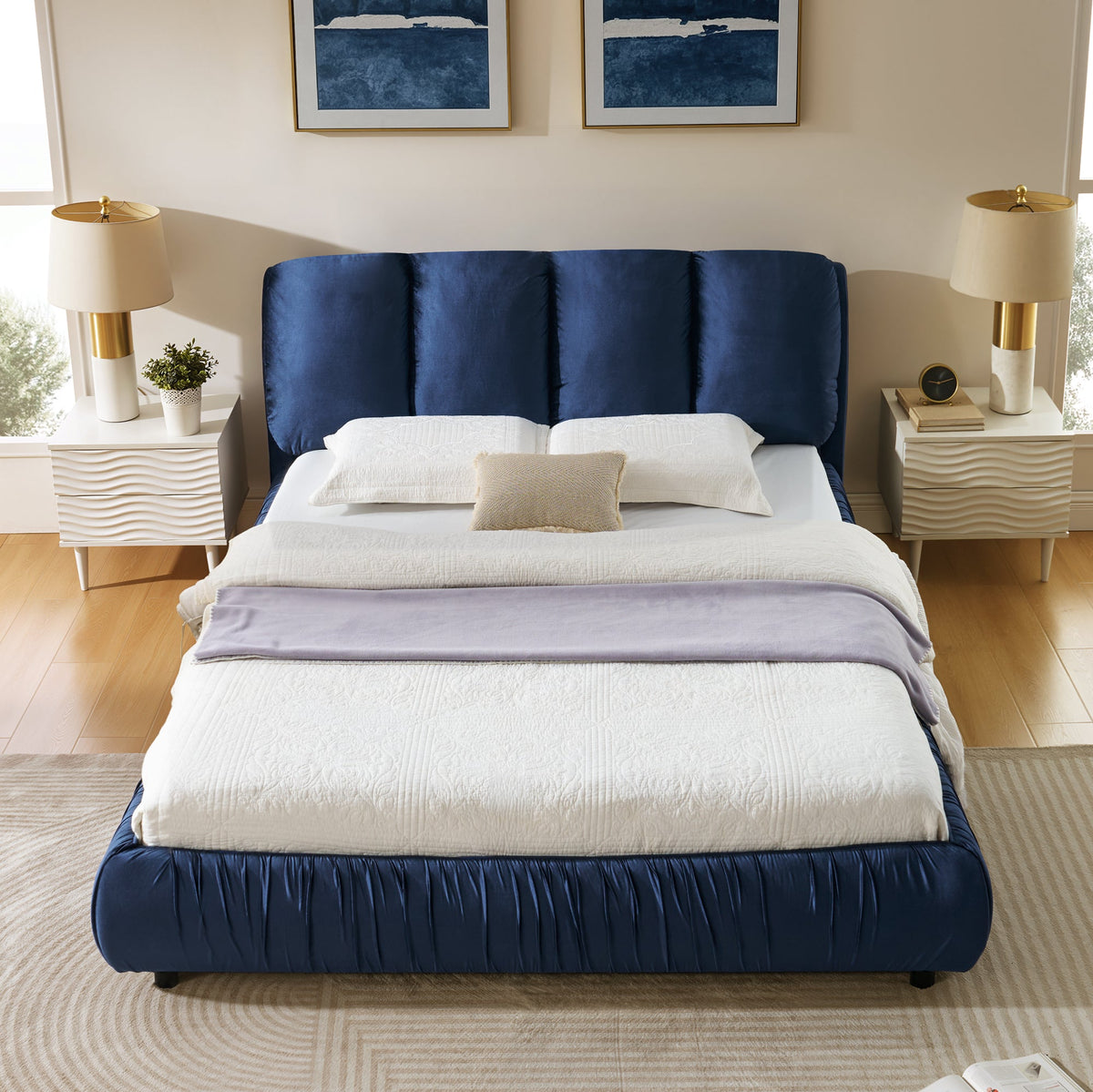 Queen upholstered bed frame with segmented compressed-sponge headboard in dark blue on Tampa Home & Garden Store