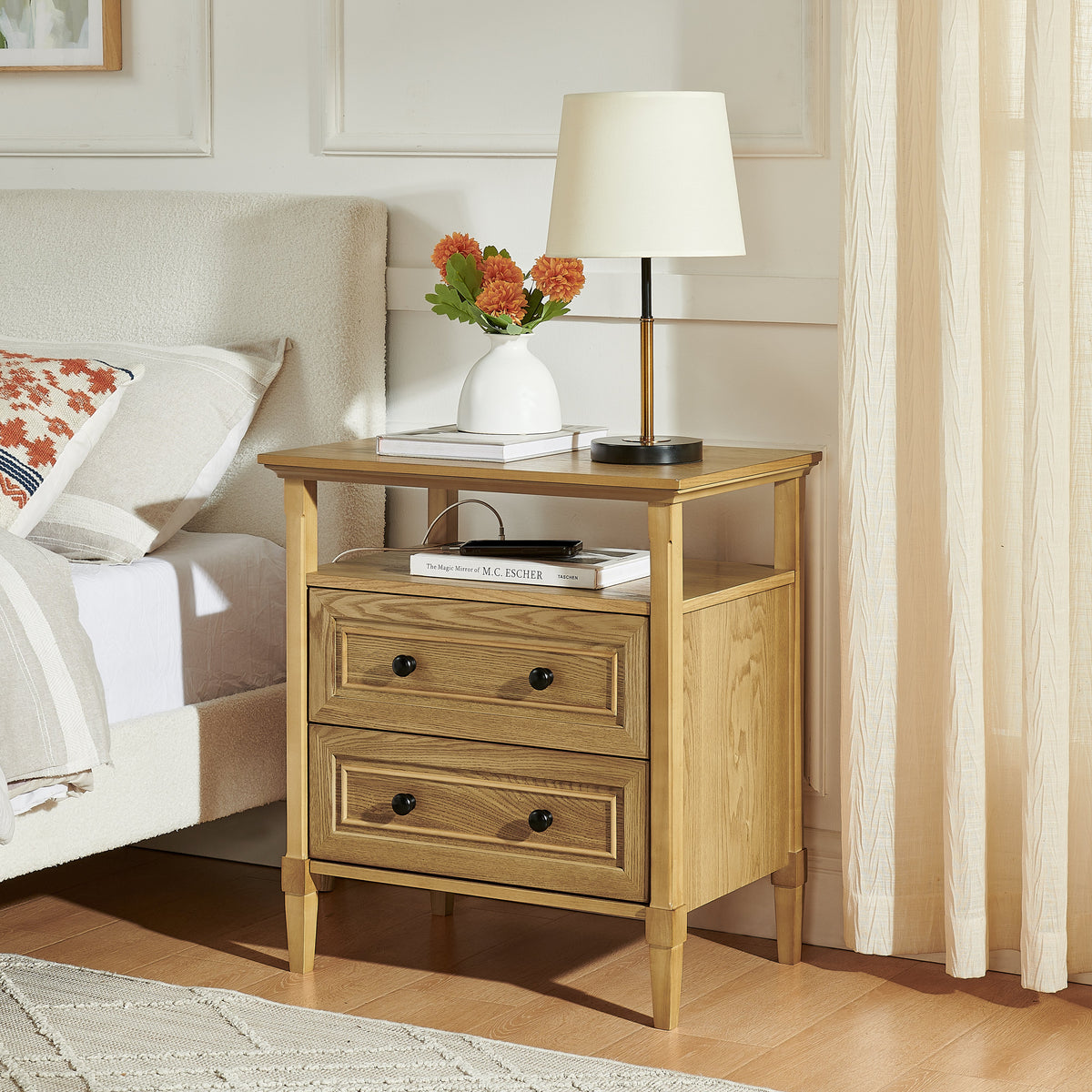 Wooden bedside nightstand HouseOfZazla with open cubby and 2 storage drawers oak finish on Tampa Home & Garden Store