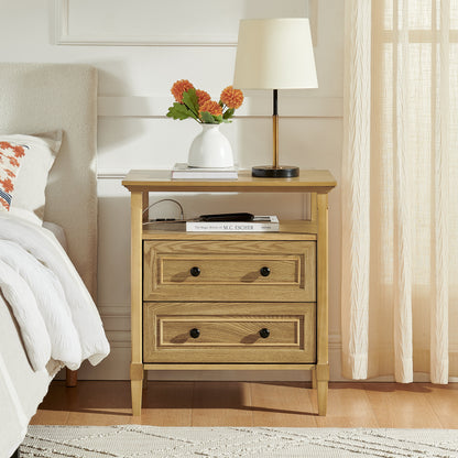Wooden bedside nightstand with open cubby and 2 storage drawers in natural oak finish on Tampa Home & Garden Store