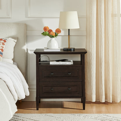 Wooden bedside nightstand with open cubby and 2 storage drawers, dark wood finish on Tampa Home & Garden Store