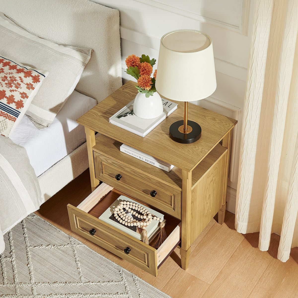 Wooden bedside nightstand with open cubby and two drawers in natural oak by HouseOfZazla on Tampa Home & Garden Store