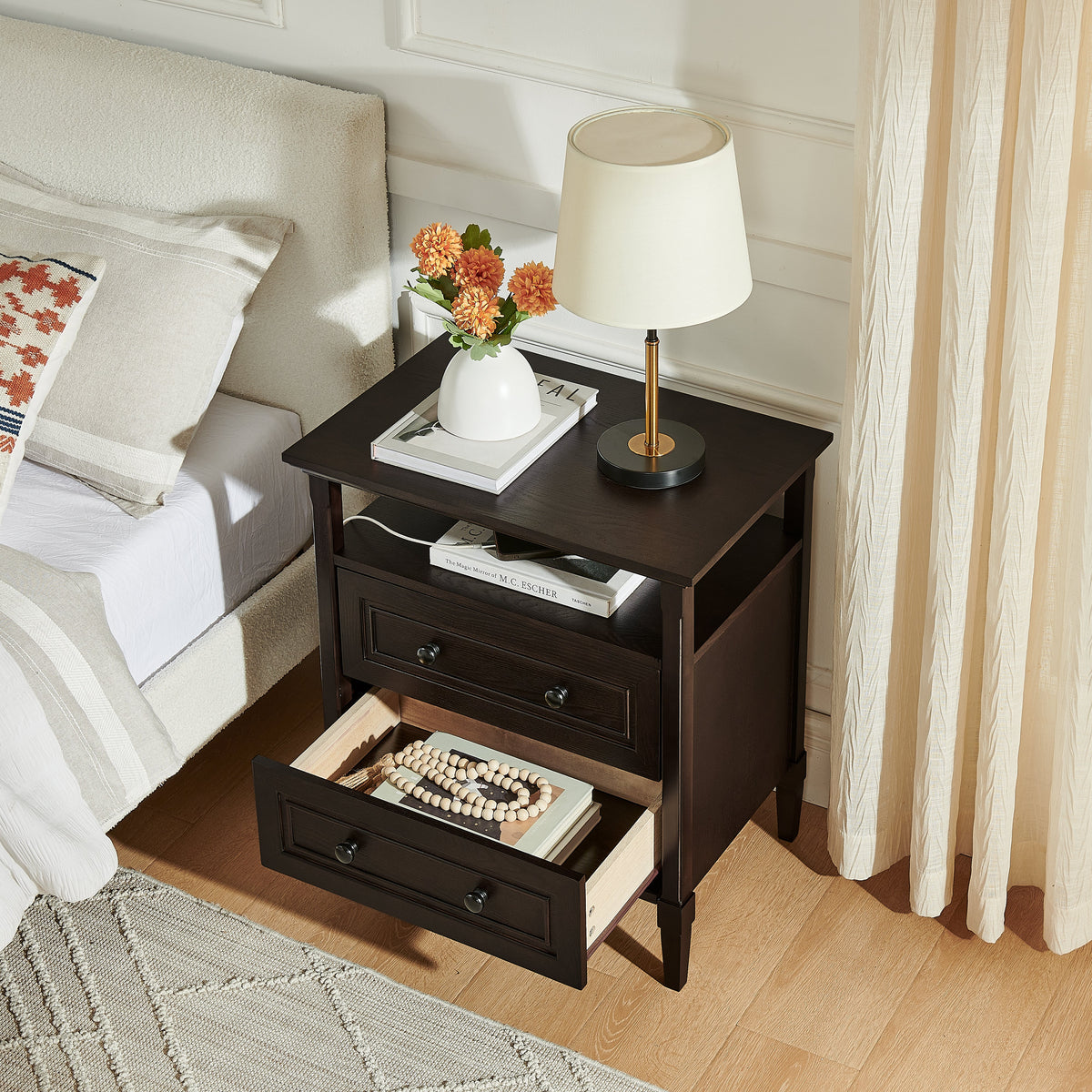 Wooden bedside nightstand with open cubby and two drawers in dark espresso by HouseOfZazla on Tampa Home & Garden Store