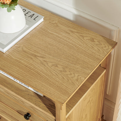 Wooden bedside nightstand with open cubby and two storage drawers, natural oak finish on Tampa Home & Garden Store
