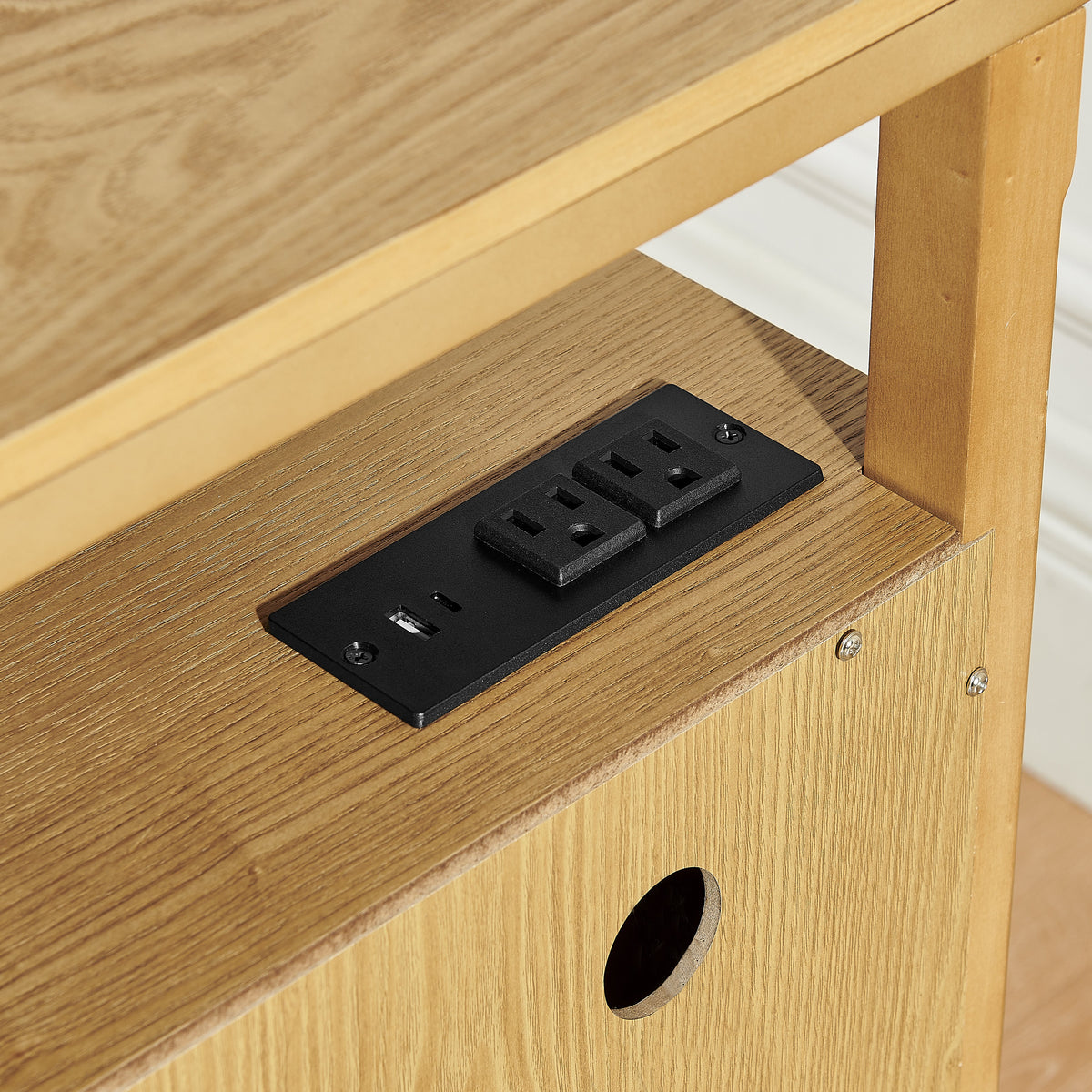 Wood bedside nightstand with open cubby and two drawers, oak finish, built-in outlet on shelf on Tampa Home & Garden Store