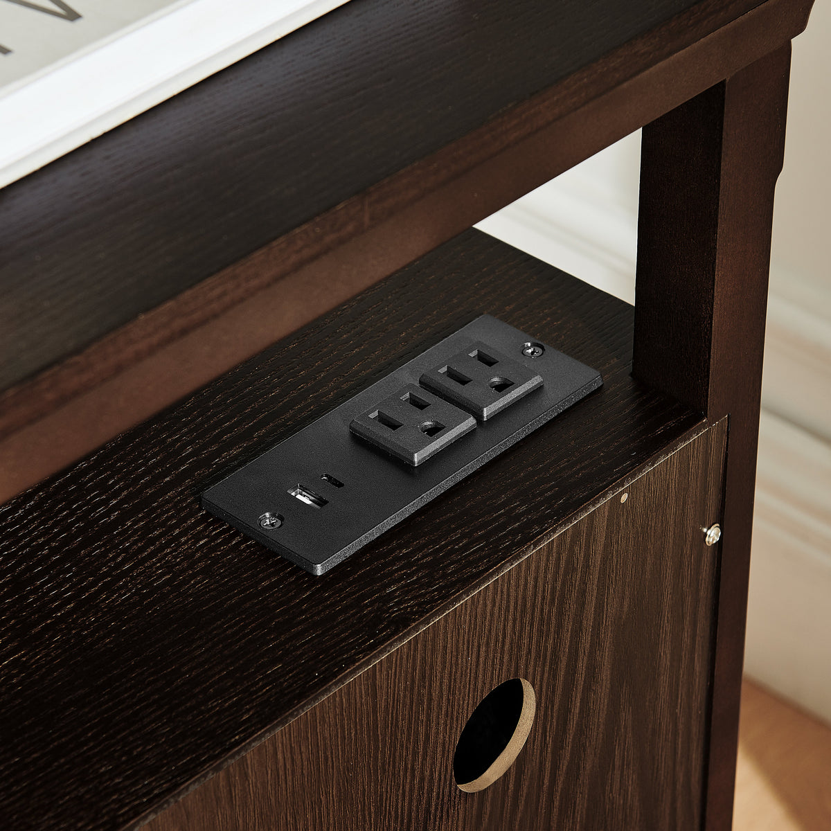 Dark espresso wooden bedside nightstand with open cubby and two storage drawers on Tampa Home & Garden Store