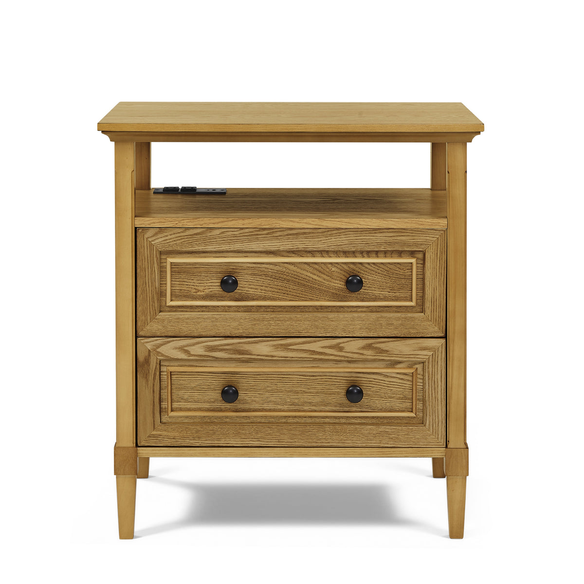 Wooden bedside nightstand with open cubby and 2 storage drawers in natural oak on Tampa Home & Garden Store