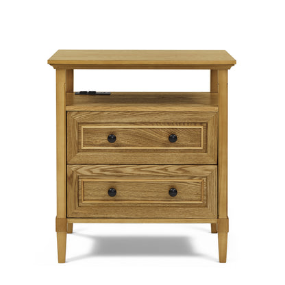 Wooden bedside nightstand with open cubby and 2 storage drawers in natural oak on Tampa Home & Garden Store