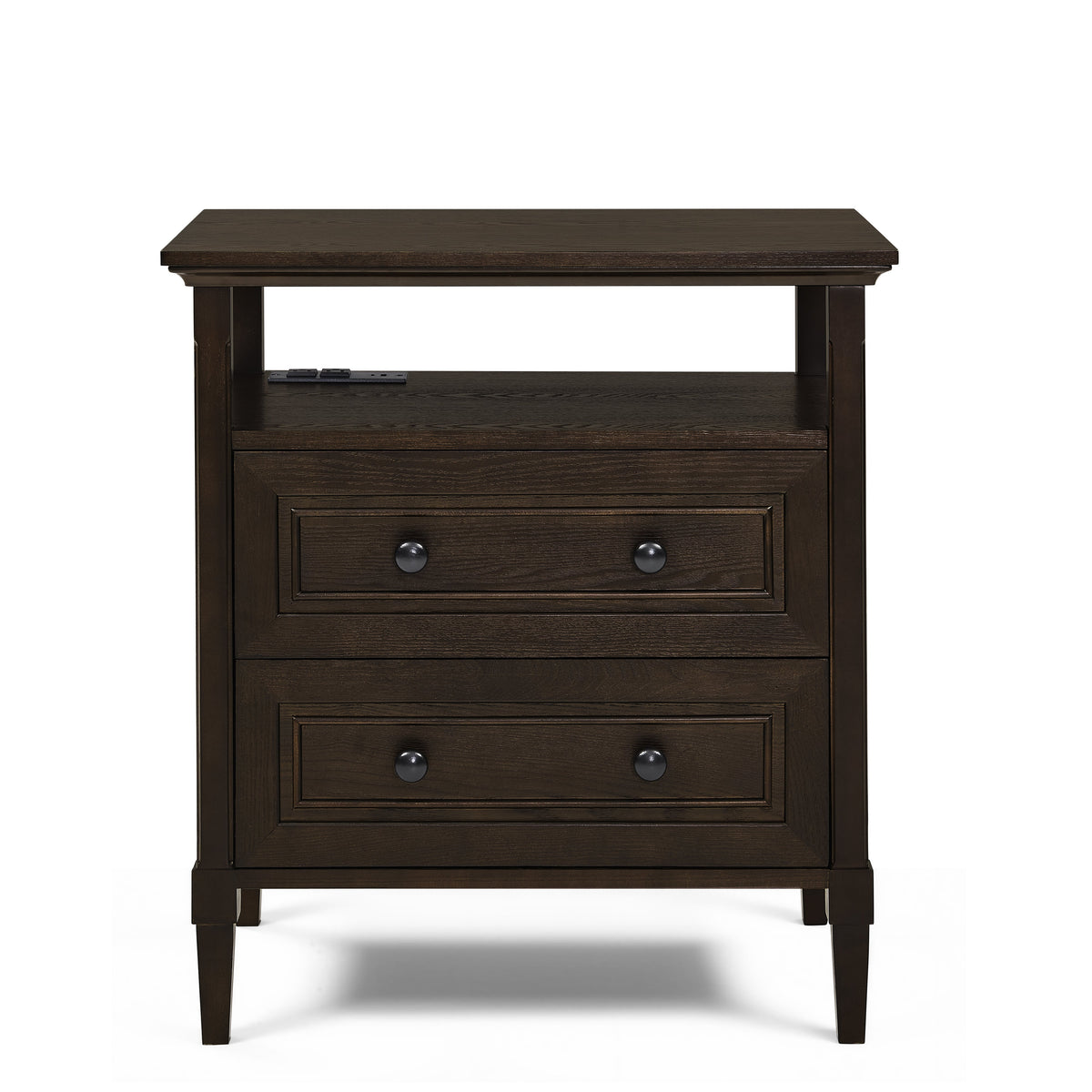 Wooden bedside nightstand in dark brown with open cubby and two drawers on Tampa Home & Garden Store