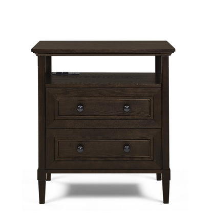 Wooden bedside nightstand in dark brown with open cubby and two drawers on Tampa Home & Garden Store