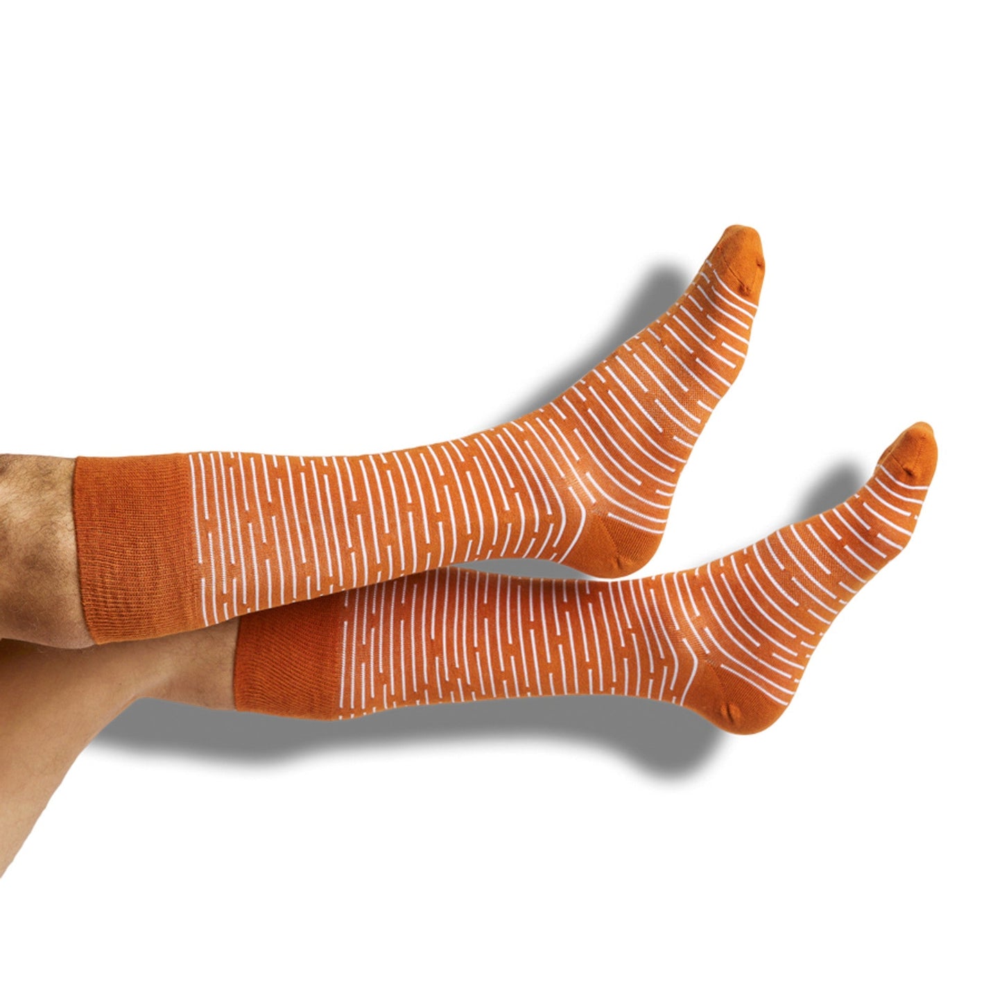 CiderOrange socks with white vertical stripes, two visible socks on legs on Tampa Home & Garden Store