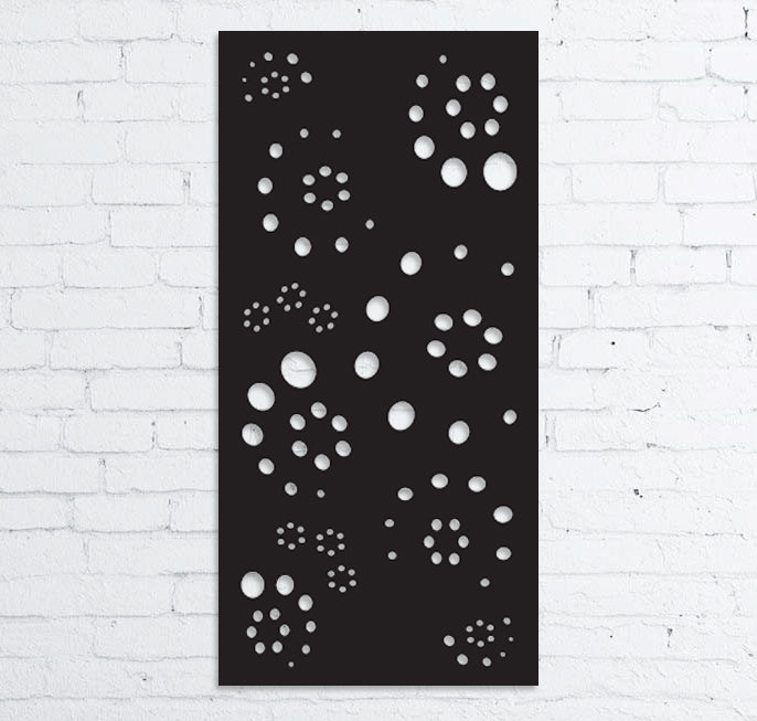 Metal privacy screen panel by Rustica Ornamentals, black metal wall art with circular cutouts on Tampa Home & Garden Store