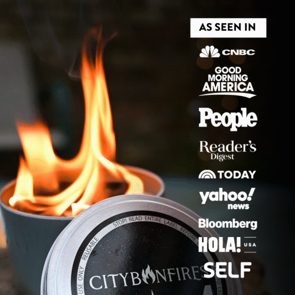 City Bonfires Fall Edition outdoor fire pit canister with orange flames and branded lid on Tampa Home & Garden Store