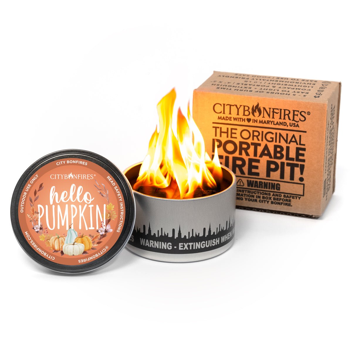 City Bonfires portable fire pit with skyline band and Hello Pumpkin lid, Fall Edition on Tampa Home & Garden Store