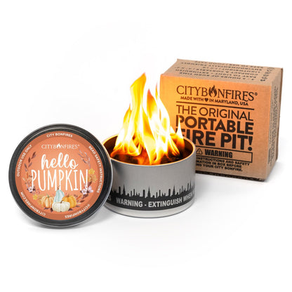 City Bonfires portable fire pit with skyline band and Hello Pumpkin lid, Fall Edition on Tampa Home & Garden Store