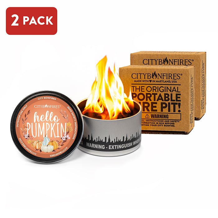 City Bonfires portable fire pit 2-pack with round metal pit and Hello Pumpkin lid on boxed on Tampa Home & Garden Store